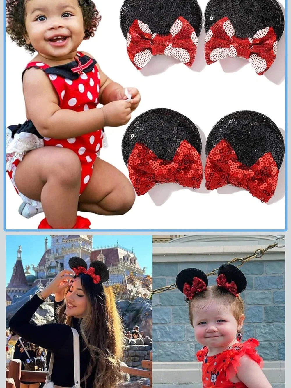 Sequin Minnie Ear Hair Clips with Red Bows
